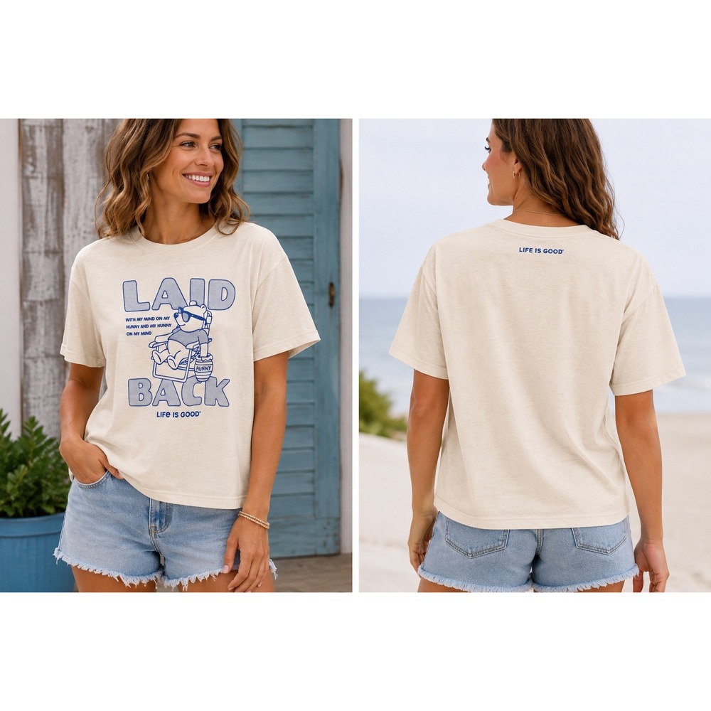 Life is Good Womens Active Laid Back Bear T-Shirt Cream Graphic Tee WX61886 M